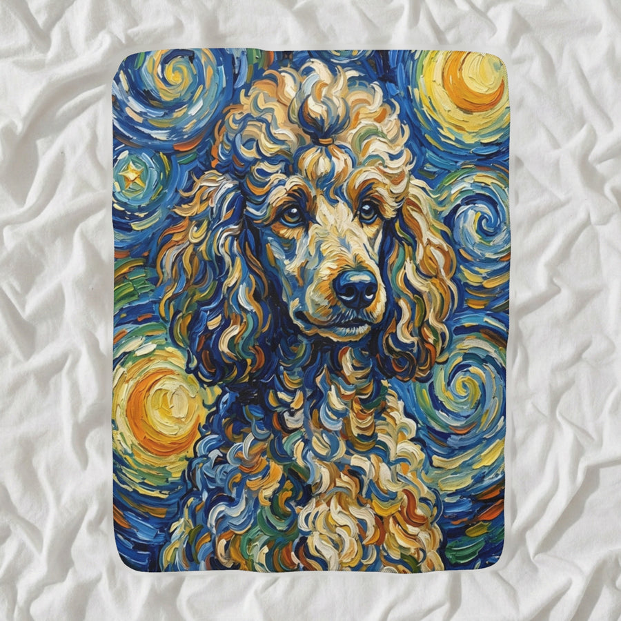 Poodle Post-Impressionist Sherpa Fleece Blanket, Painterly Dog Art, Poodle Lover Gift shown lying flat on softly rumpled white bedding