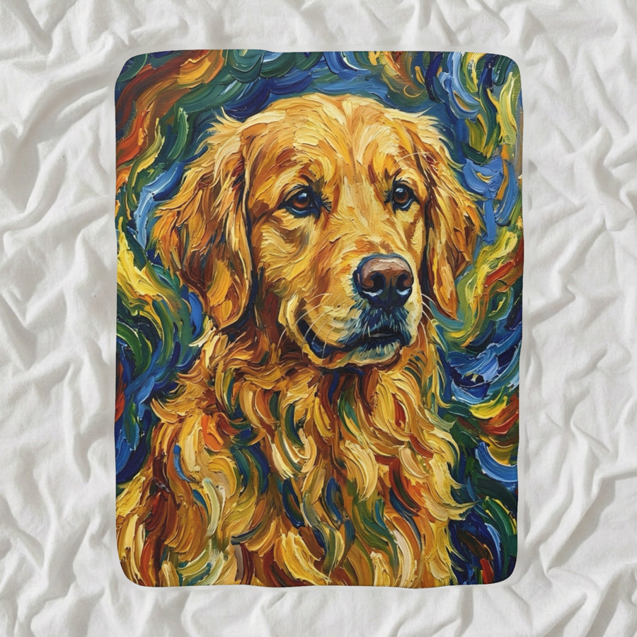 Golden Retriever Post-Impressionist Sherpa Fleece Blanket, Painterly Dog Art, Golden Retriever Lover Gift shown lying flat on softly rumpled white bedding