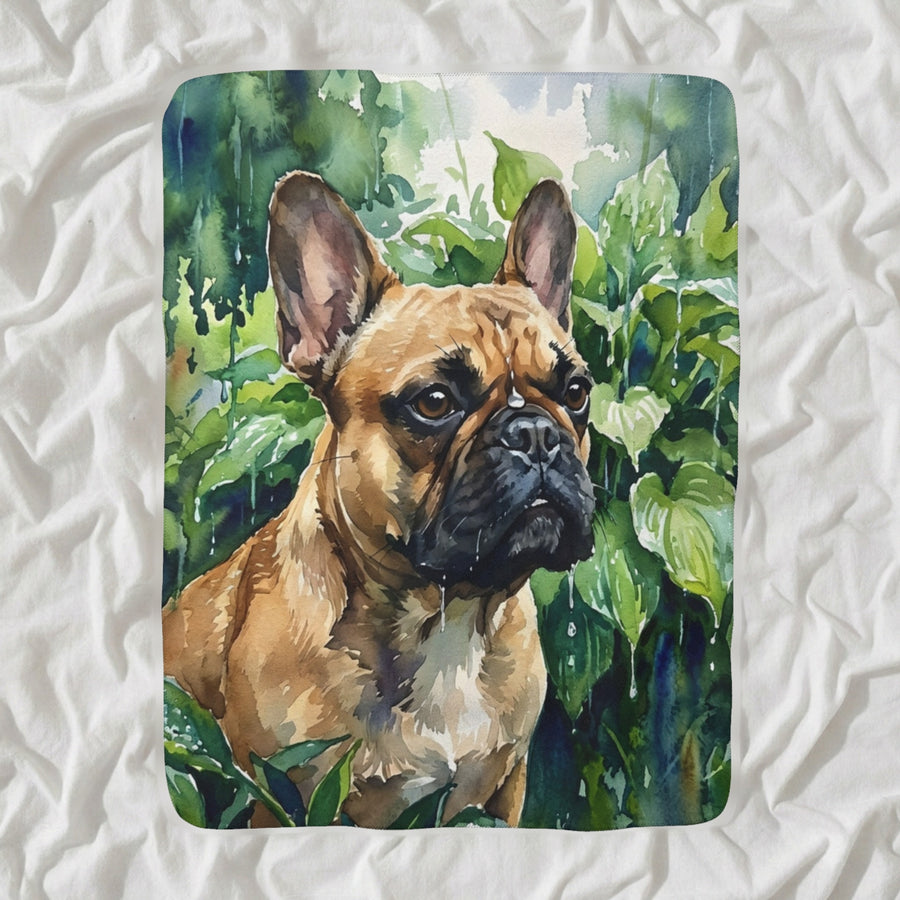 French Bulldog Watercolor Sherpa Fleece Blanket, Fern Garden Dog Painting, French Bulldog Lover Gift shown lying flat on softly rumpled white bedding