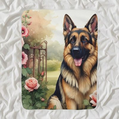 German Shepherd Watercolor Sherpa Fleece Blanket, Rose Garden Dog Painting, German Shepherd Lover Gift