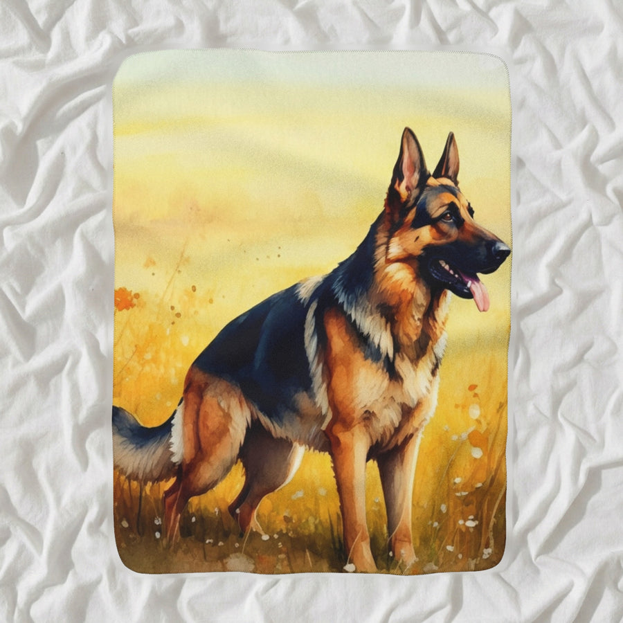 German Shepherd Watercolor Sherpa Fleece Blanket, Soft Dog Painting, German Shepherd Lover Gift shown lying flat on softly rumpled white bedding