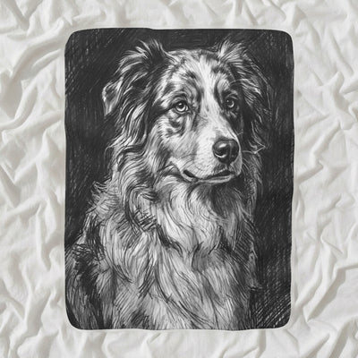 Australian Shepherd Charcoal Sherpa Fleece Blanket, Dog Sketch Art, Australian Shepherd Lover Gift