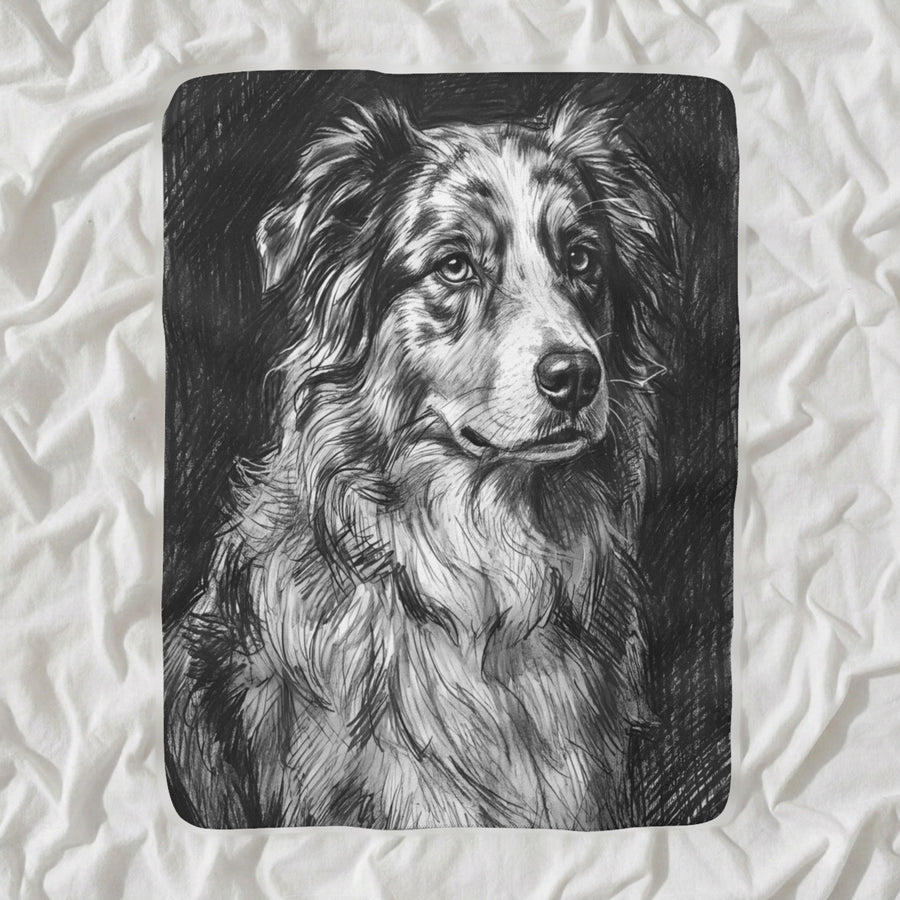 Australian Shepherd Charcoal Sherpa Fleece Blanket, Dog Sketch Art, Australian Shepherd Lover Gift shown lying flat on softly rumpled white bedding