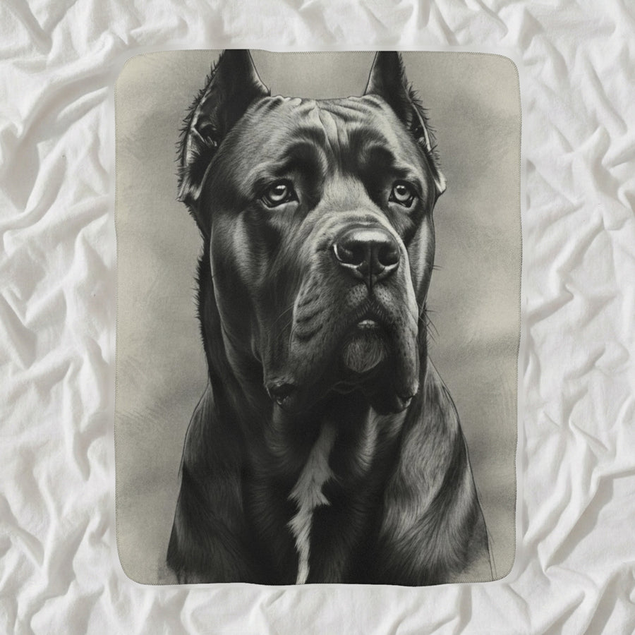 Cane Corso Charcoal Portrait Sherpa Fleece Blanket shown lying flat on softly rumpled white bedding