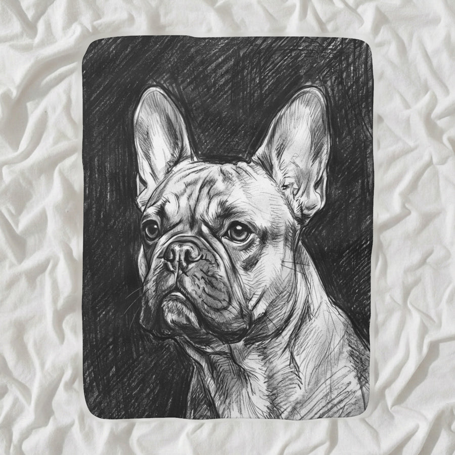 French Bulldog Charcoal Sherpa Fleece Blanket, Dog Sketch Art, French Bulldog Lover Gift shown lying flat on softly rumpled white bedding