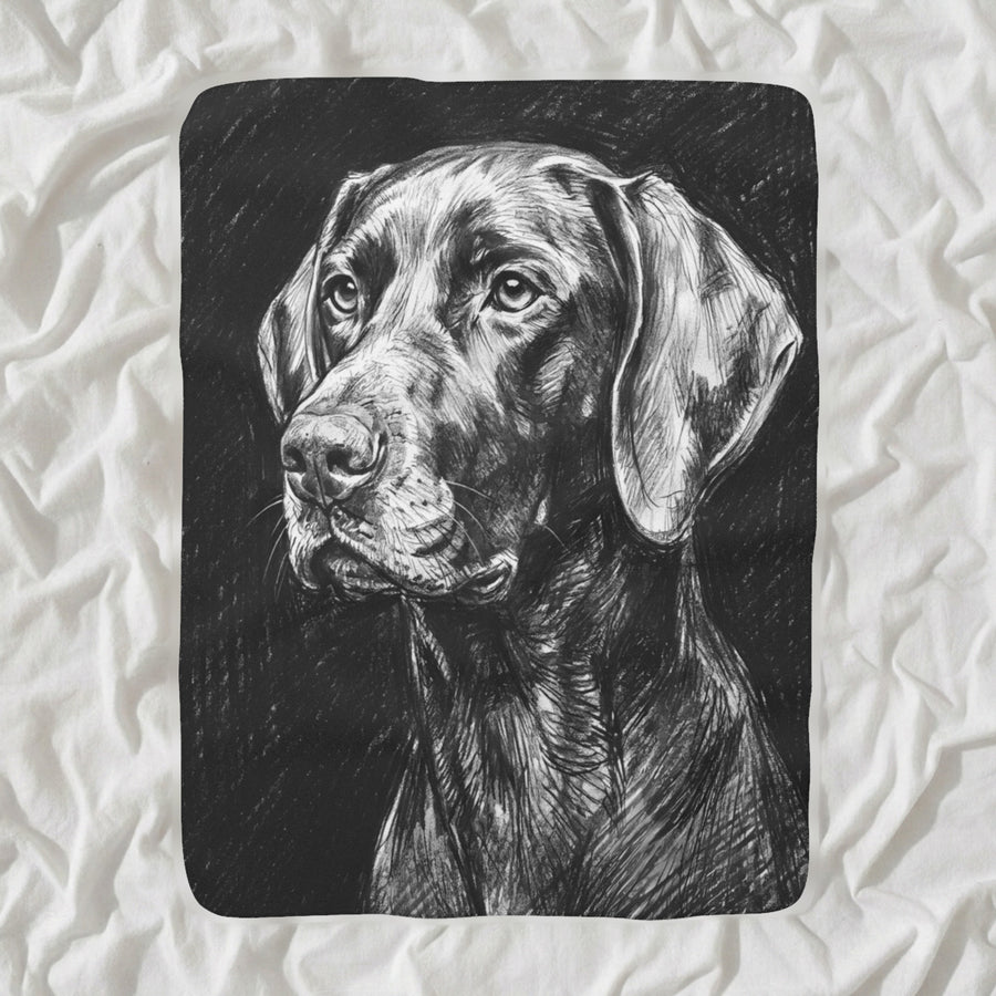 German Shorthaired Pointer Charcoal Sherpa Fleece Blanket, Dog Sketch Art, German Shorthaired Pointer Lover Gift shown lying flat on softly rumpled white bedding