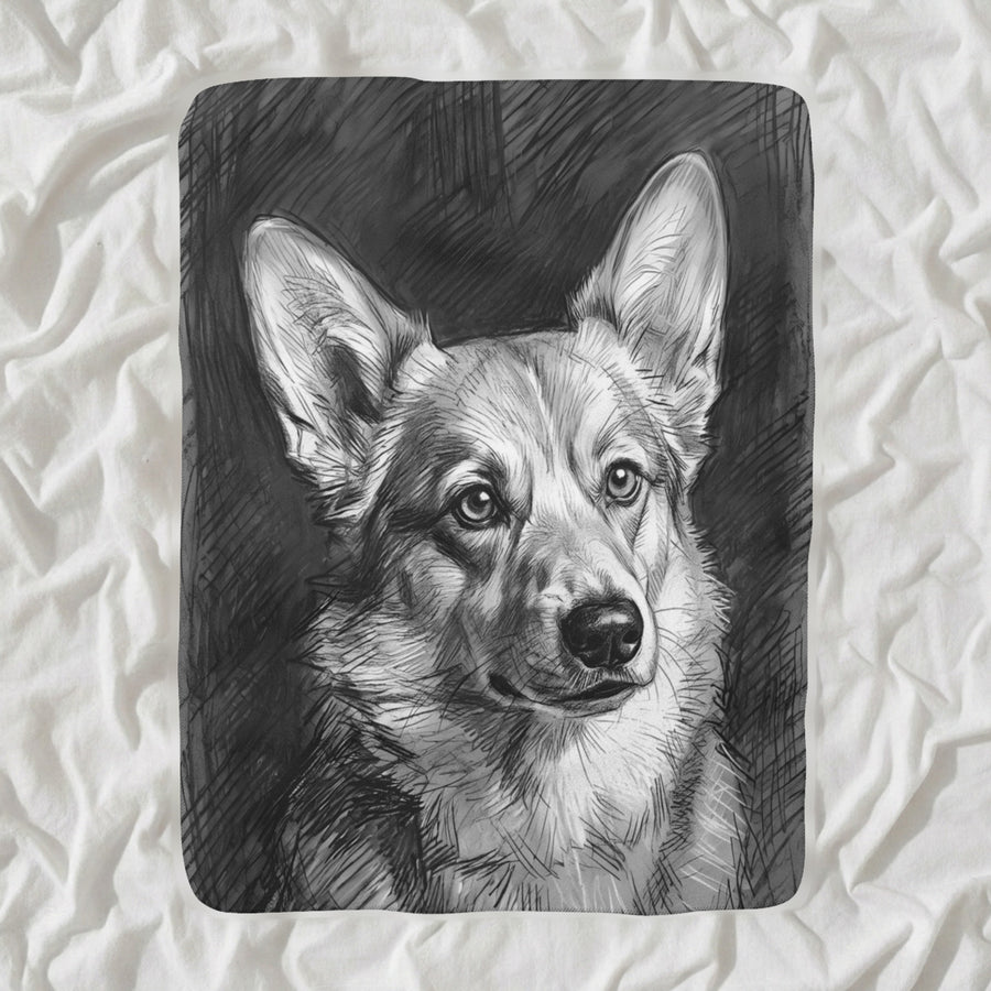 Corgi Charcoal Sherpa Fleece Blanket, Dog Sketch Art, Corgi Lover Gift shown lying flat on softly rumpled white bedding
