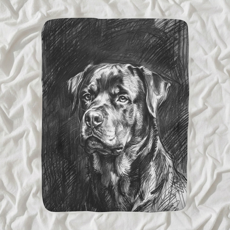 Rottweiler Charcoal Sherpa Fleece Blanket, Dog Sketch Art, Rottweiler Lover Gift shown lying flat on softly rumpled white bedding