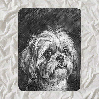 Shih Tzu Charcoal Sherpa Fleece Blanket, Dog Sketch Art, Shih Tzu Lover Gift