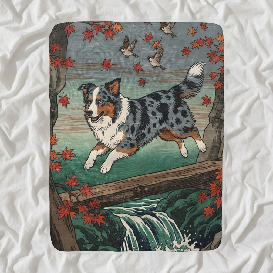 Australian Shepherd Sherpa Fleece Blanket, Japanese Print Dog Art, Australian Shepherd Lover Gift shown lying flat on softly rumpled white bedding