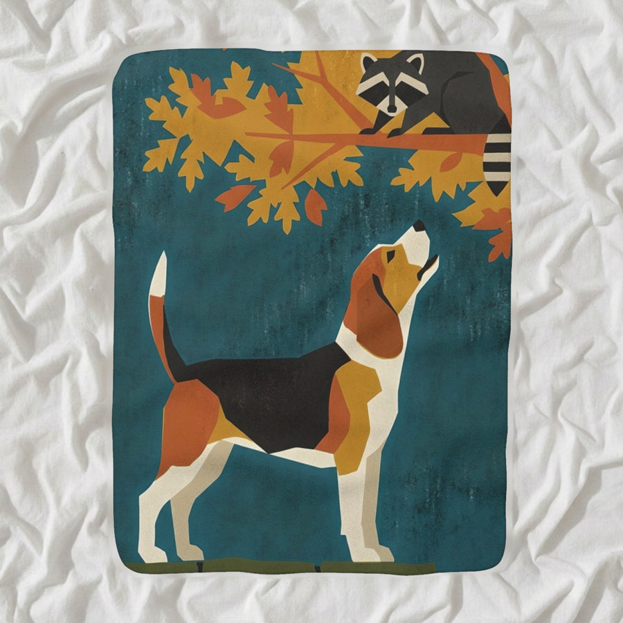 Beagle Sherpa Fleece Blanket, Retro Autumn Dog Art, Beagle Lover Gift shown lying flat on softly rumpled white bedding