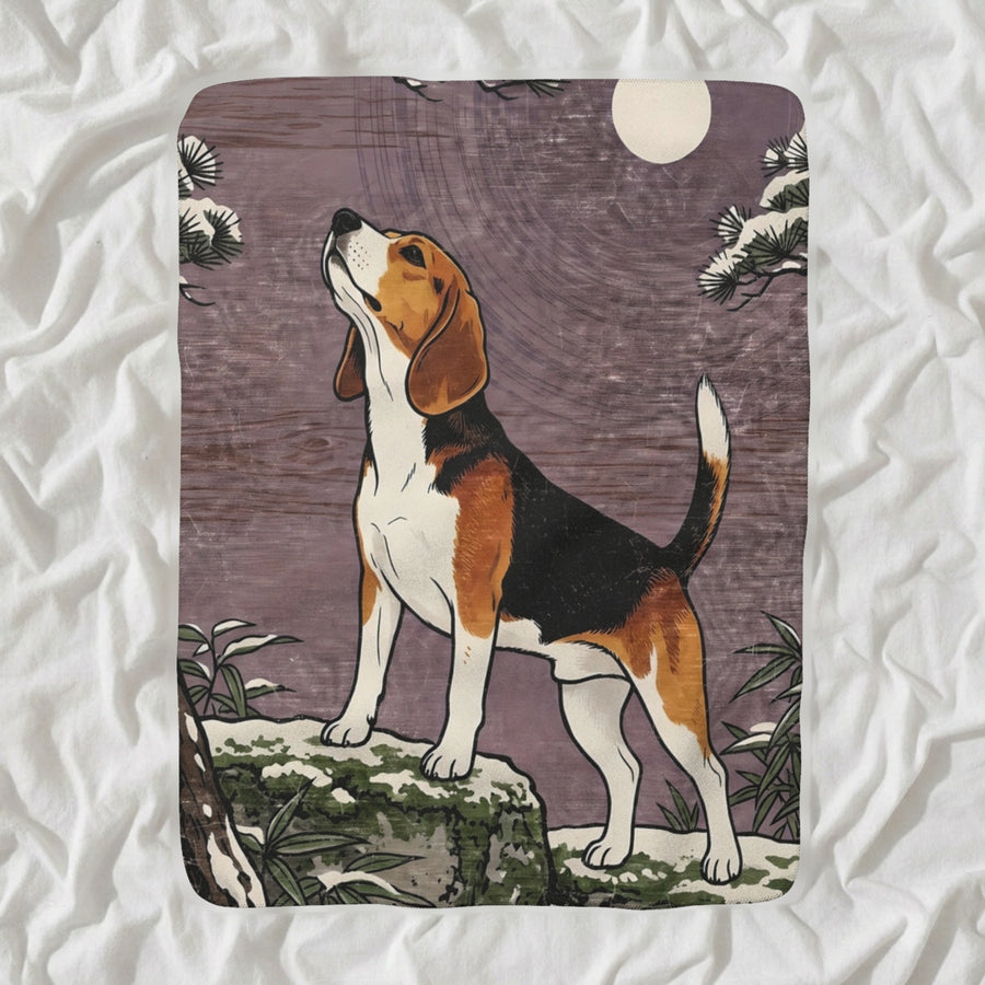 Beagle Sherpa Fleece Blanket, Japanese Print Dog Art, Beagle Lover Gift shown lying flat on softly rumpled white bedding