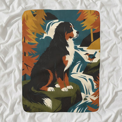 Bernese Mountain Dog Sherpa Fleece Blanket, Retro Autumn Dog Art, Bernese Mountain Dog Lover Gift