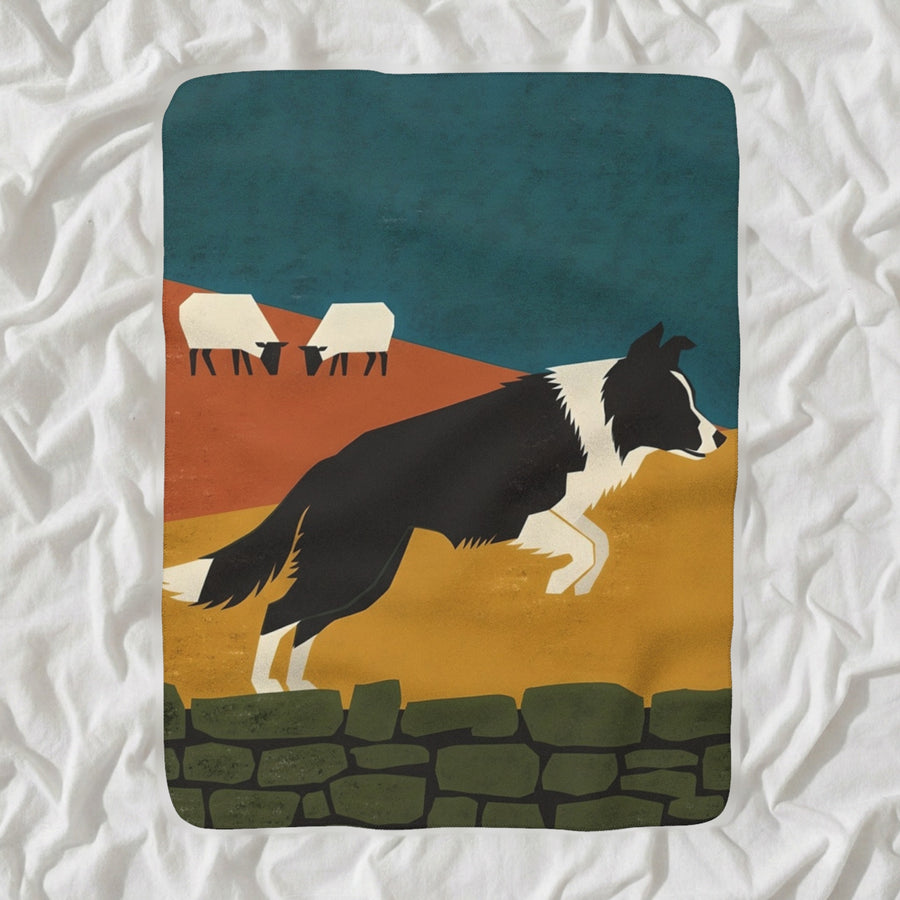 Border Collie Sherpa Fleece Blanket, Retro Autumn Dog Art, Border Collie Lover Gift shown lying flat on softly rumpled white bedding