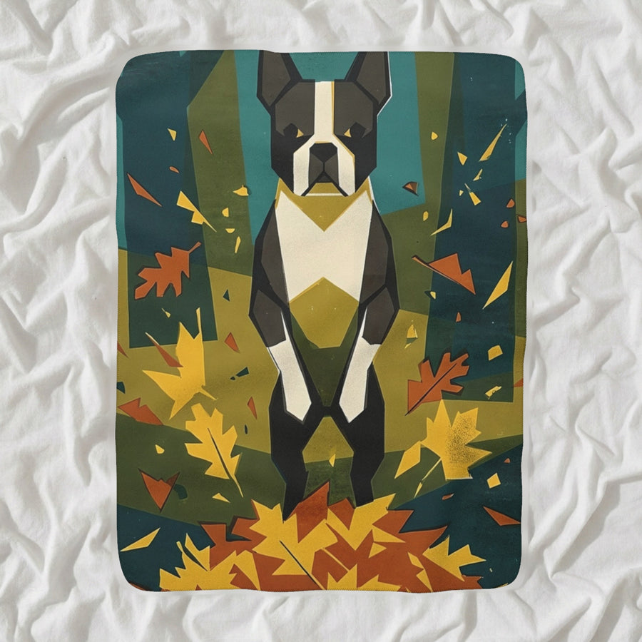 Boston Terrier Sherpa Fleece Blanket, Retro Autumn Dog Art, Boston Terrier Lover Gift shown lying flat on softly rumpled white bedding