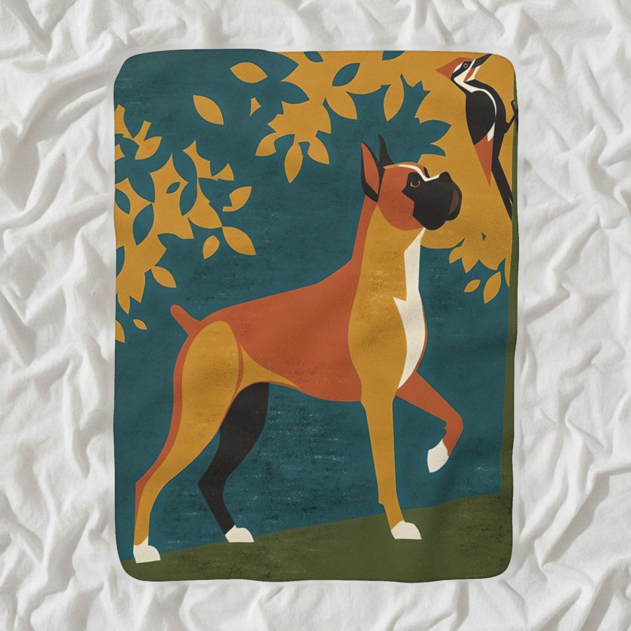 Boxer Sherpa Fleece Blanket, Retro Autumn Dog Art, Boxer Lover Gift shown lying flat on softly rumpled white bedding