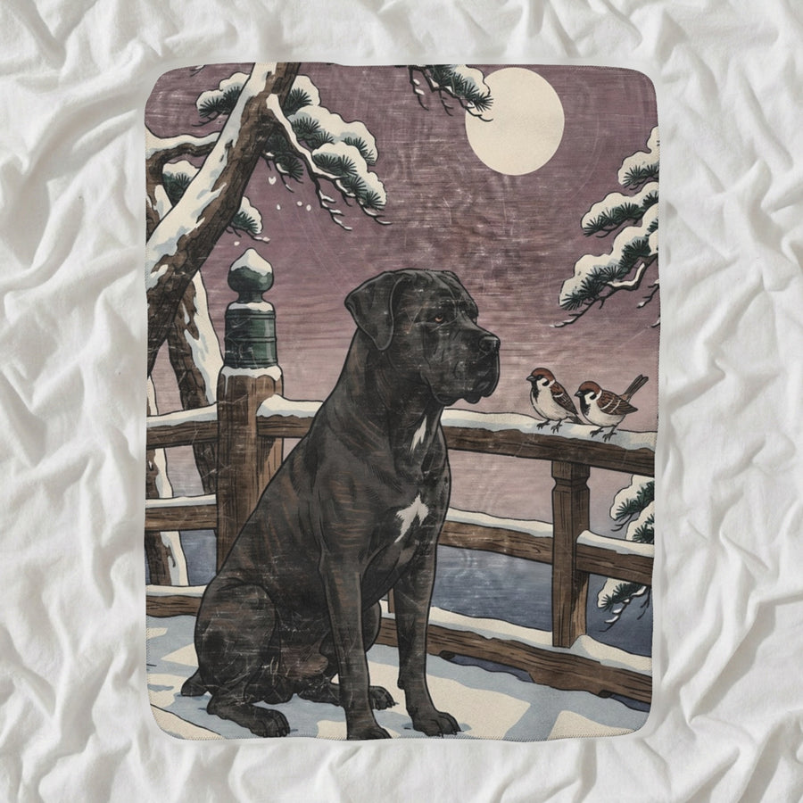 Cane Corso Sherpa Fleece Blanket, Japanese Print Dog Art, Cane Corso Lover Gift shown lying flat on softly rumpled white bedding