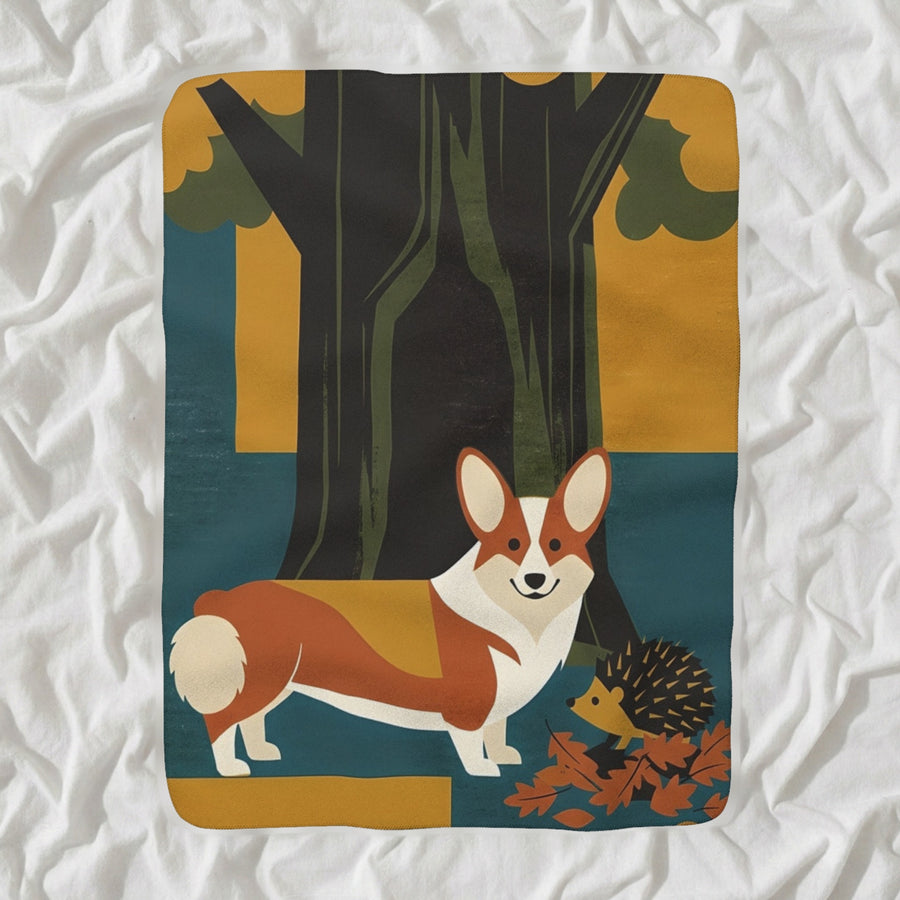 Corgi Sherpa Fleece Blanket, Retro Autumn Dog Art, Corgi Lover Gift shown lying flat on softly rumpled white bedding