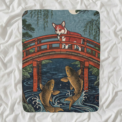 Corgi Sherpa Fleece Blanket, Japanese Print Dog Art, Corgi Lover Gift