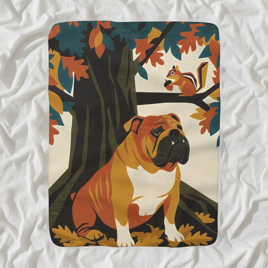 English Bulldog Sherpa Fleece Blanket, Retro Autumn Dog Art, English Bulldog Lover Gift shown lying flat on softly rumpled white bedding