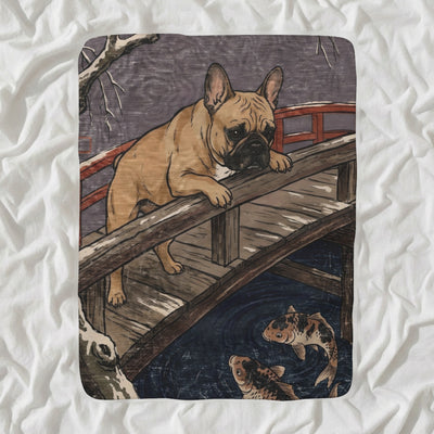 French Bulldog Sherpa Fleece Blanket, Japanese Print Dog Art, French Bulldog Lover Gift