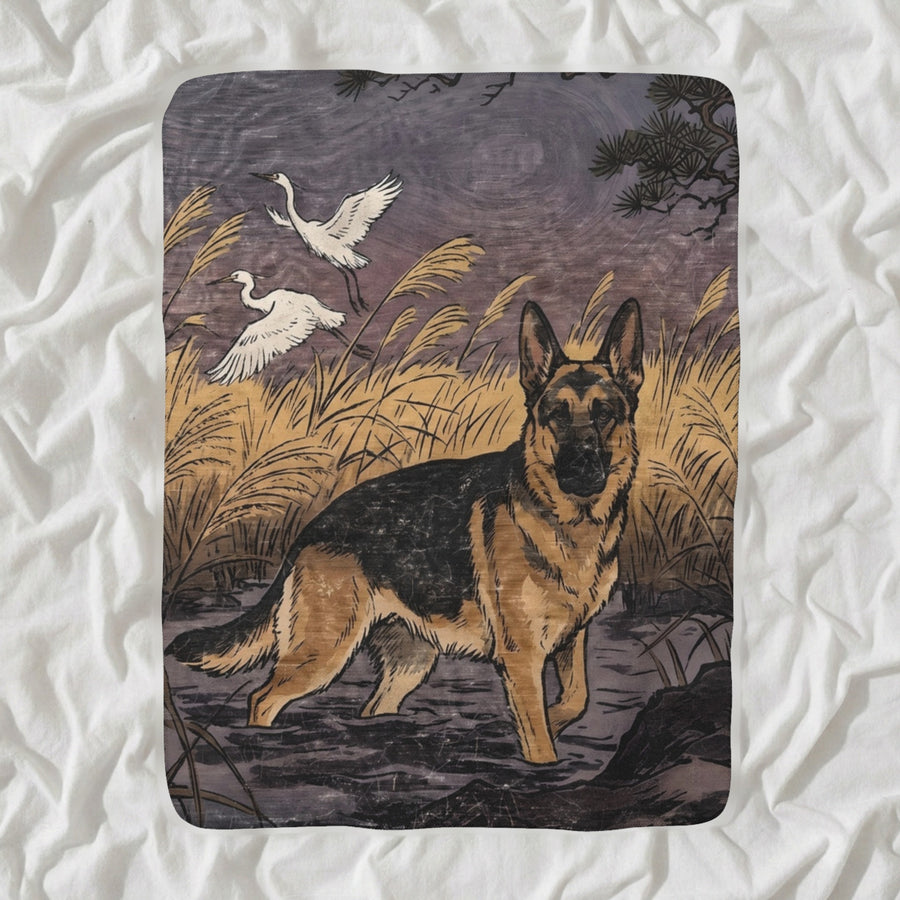 German Shepherd Sherpa Fleece Blanket, Japanese Print Dog Art, German Shepherd Lover Gift shown lying flat on softly rumpled white bedding