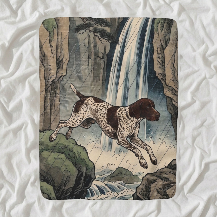 German Shorthaired Pointer Sherpa Fleece Blanket, Japanese Print Dog Art, German Shorthaired Pointer Lover Gift shown lying flat on softly rumpled white bedding
