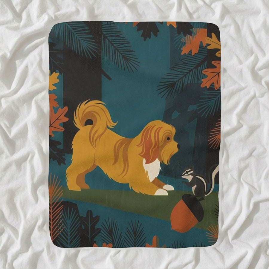 Havanese Sherpa Fleece Blanket, Retro Autumn Dog Art, Havanese Lover Gift shown lying flat on softly rumpled white bedding