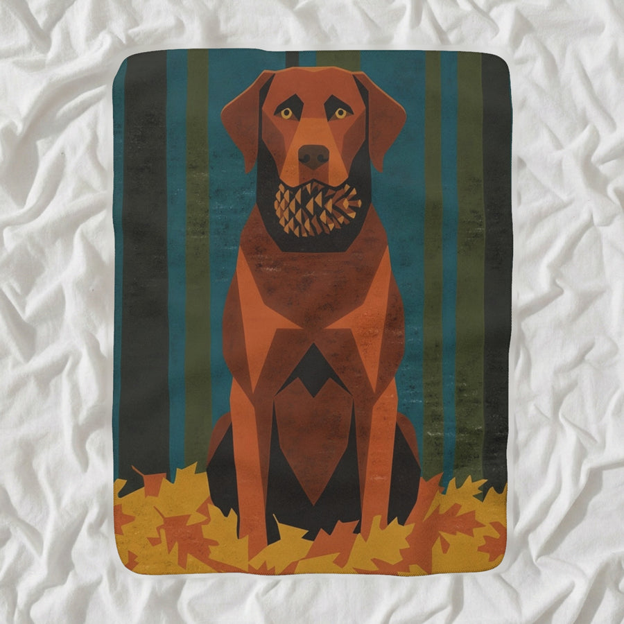 Labrador Retriever Sherpa Fleece Blanket, Retro Autumn Dog Art, Labrador Retriever Lover Gift shown lying flat on softly rumpled white bedding
