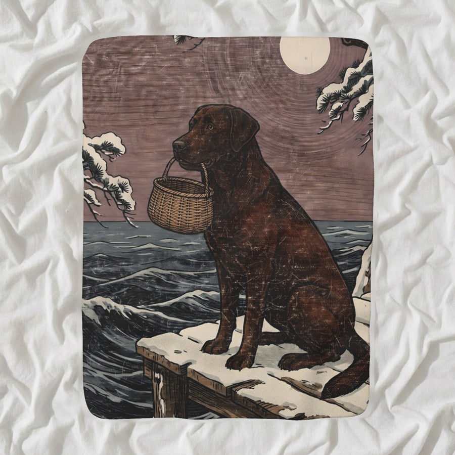 Labrador Retriever Sherpa Fleece Blanket, Japanese Print Dog Art, Labrador Retriever Lover Gift shown lying flat on softly rumpled white bedding
