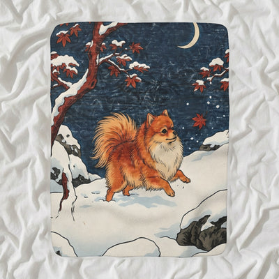 Pomeranian Sherpa Fleece Blanket, Japanese Print Dog Art, Pomeranian Lover Gift
