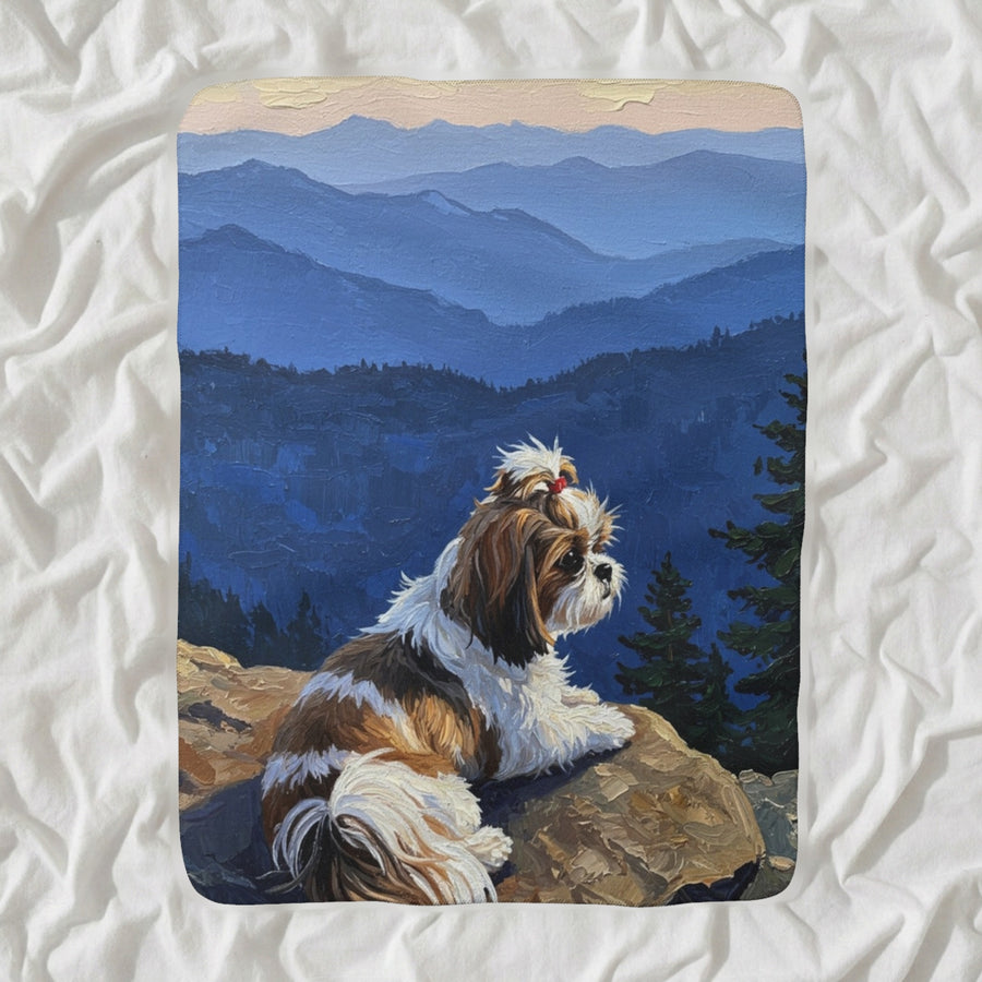 Shih Tzu Acrylic Sherpa Fleece Blanket, Mountain Overlook Dog Art, Shih Tzu Lover Gift shown lying flat on softly rumpled white bedding