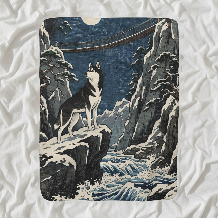 Siberian Husky Sherpa Fleece Blanket, Japanese Print Dog Art, Siberian Husky Lover Gift shown lying flat on softly rumpled white bedding