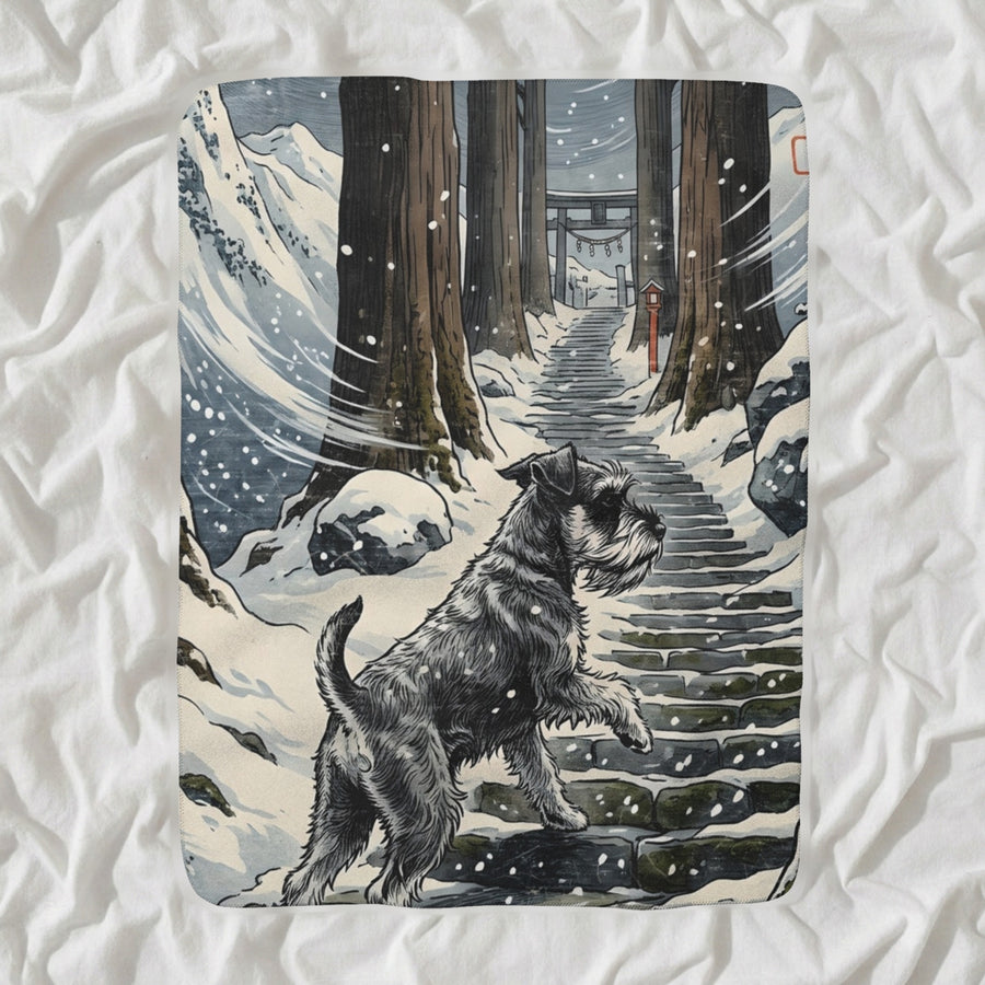 Miniature Schnauzer Sherpa Fleece Blanket, Japanese Print Dog Art, Miniature Schnauzer Lover Gift shown lying flat on softly rumpled white bedding
