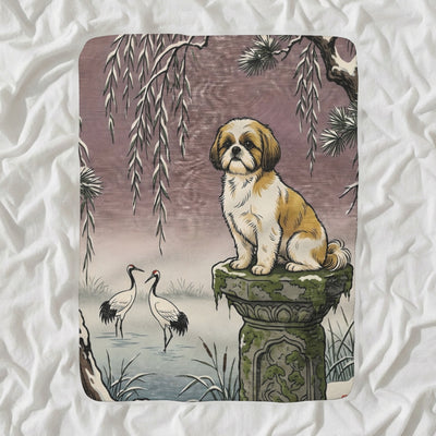 Shih Tzu Sherpa Fleece Blanket, Japanese Print Dog Art, Shih Tzu Lover Gift