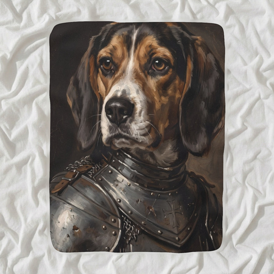 Beagle Medieval Knight Portrait Sherpa Fleece Blanket, Regal Dog Painting, Beagle Lover Gift shown lying flat on softly rumpled white bedding