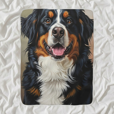 Bernese Mountain Dog Oil Portrait Sherpa Fleece Blanket, Classic Dog Portrait, Bernese Mountain Dog Lover Gift