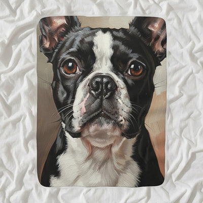 Boston Terrier Oil Portrait Sherpa Fleece Blanket, Classic Dog Portrait, Boston Terrier Lover Gift