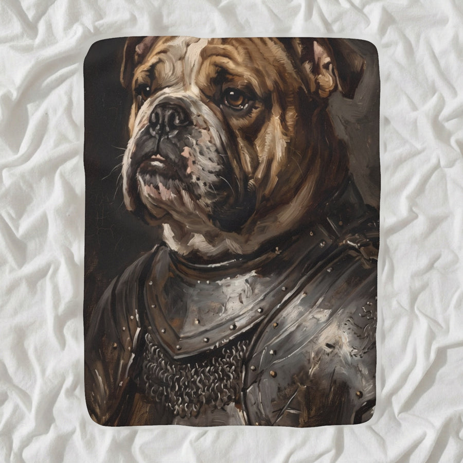 English Bulldog Medieval Knight Portrait Sherpa Fleece Blanket, Regal Dog Painting, English Bulldog Lover Gift shown lying flat on softly rumpled white bedding