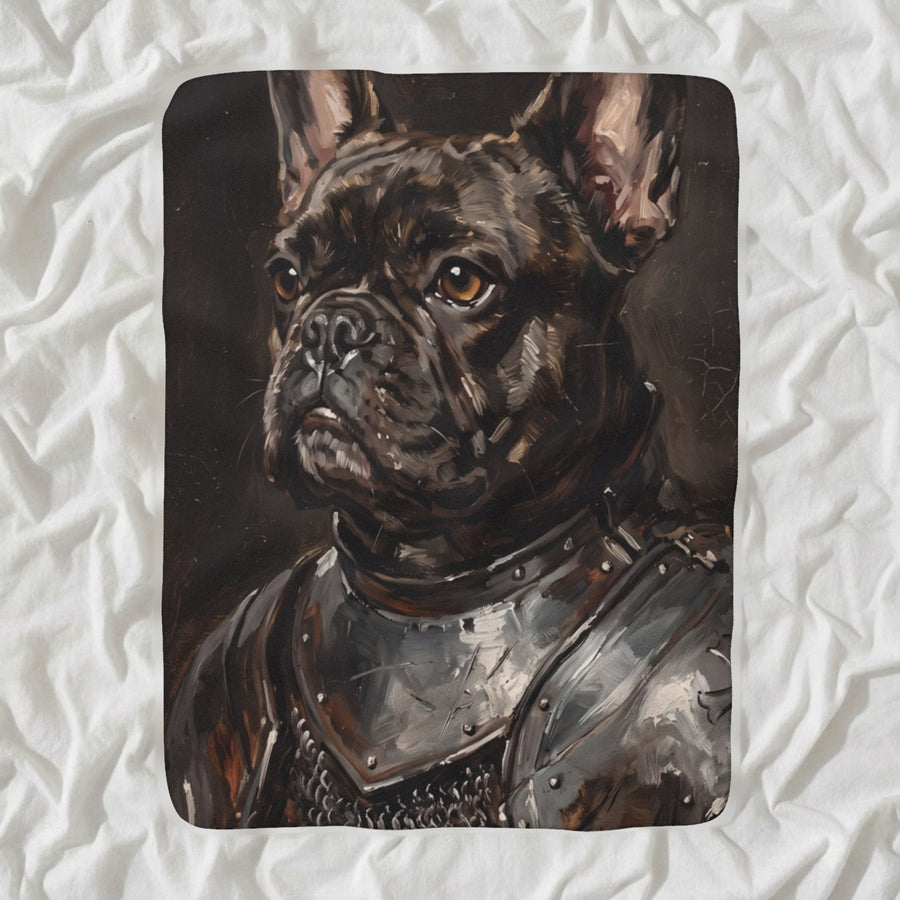 French Bulldog Medieval Knight Portrait Sherpa Fleece Blanket, Regal Dog Painting, French Bulldog Lover Gift shown lying flat on softly rumpled white bedding