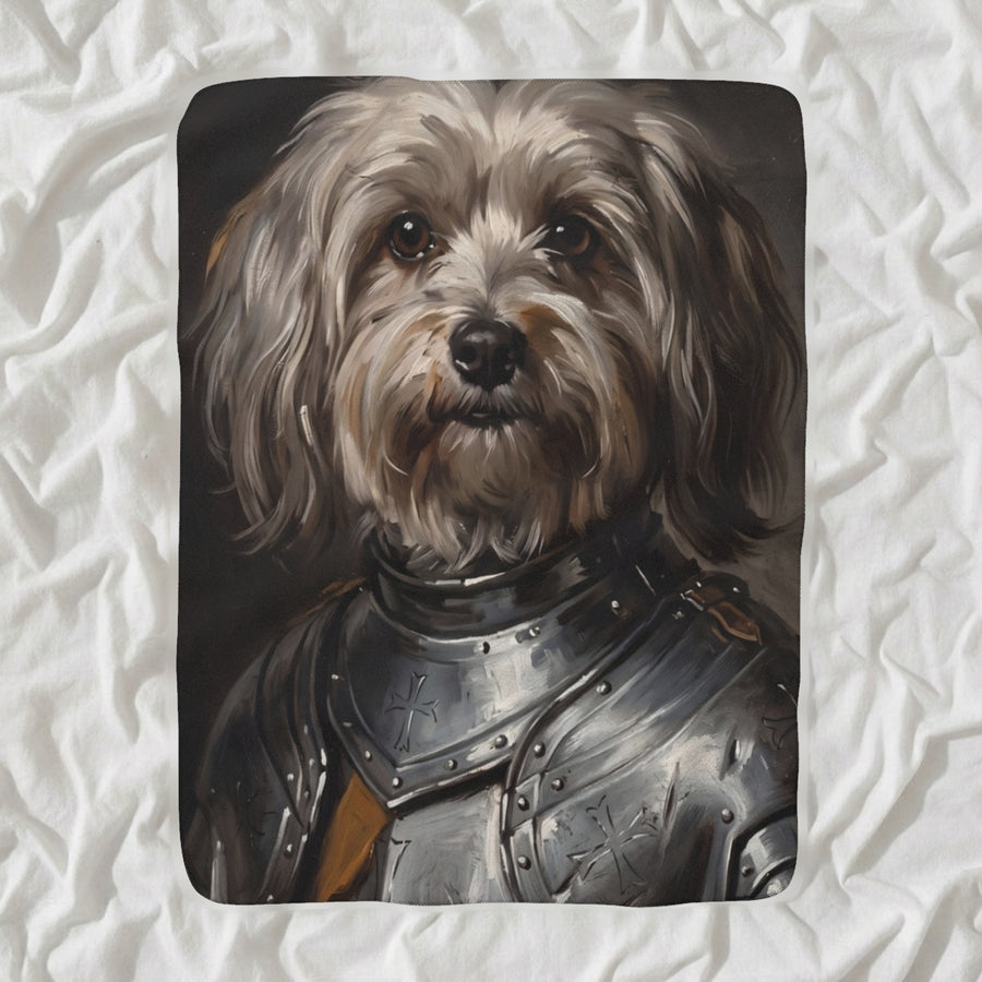 Havanese Medieval Knight Portrait Sherpa Fleece Blanket, Regal Dog Painting, Havanese Lover Gift shown lying flat on softly rumpled white bedding