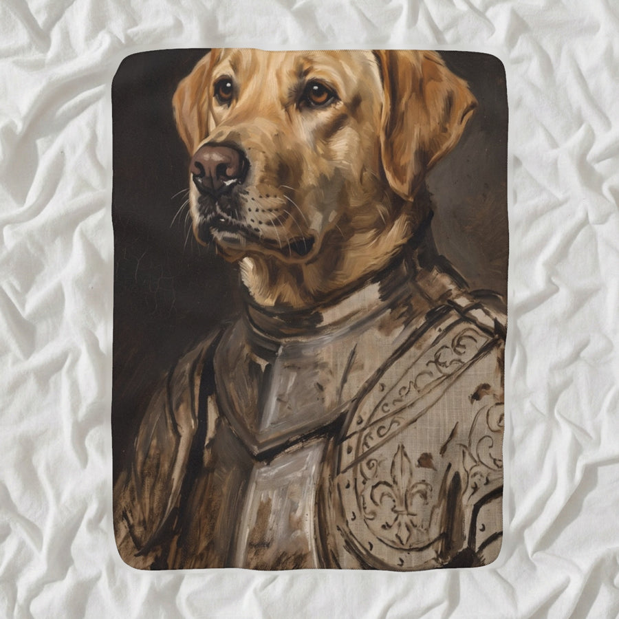 Labrador Retriever Medieval Knight Portrait Sherpa Fleece Blanket, Regal Dog Painting, Labrador Retriever Lover Gift shown lying flat on softly rumpled white bedding