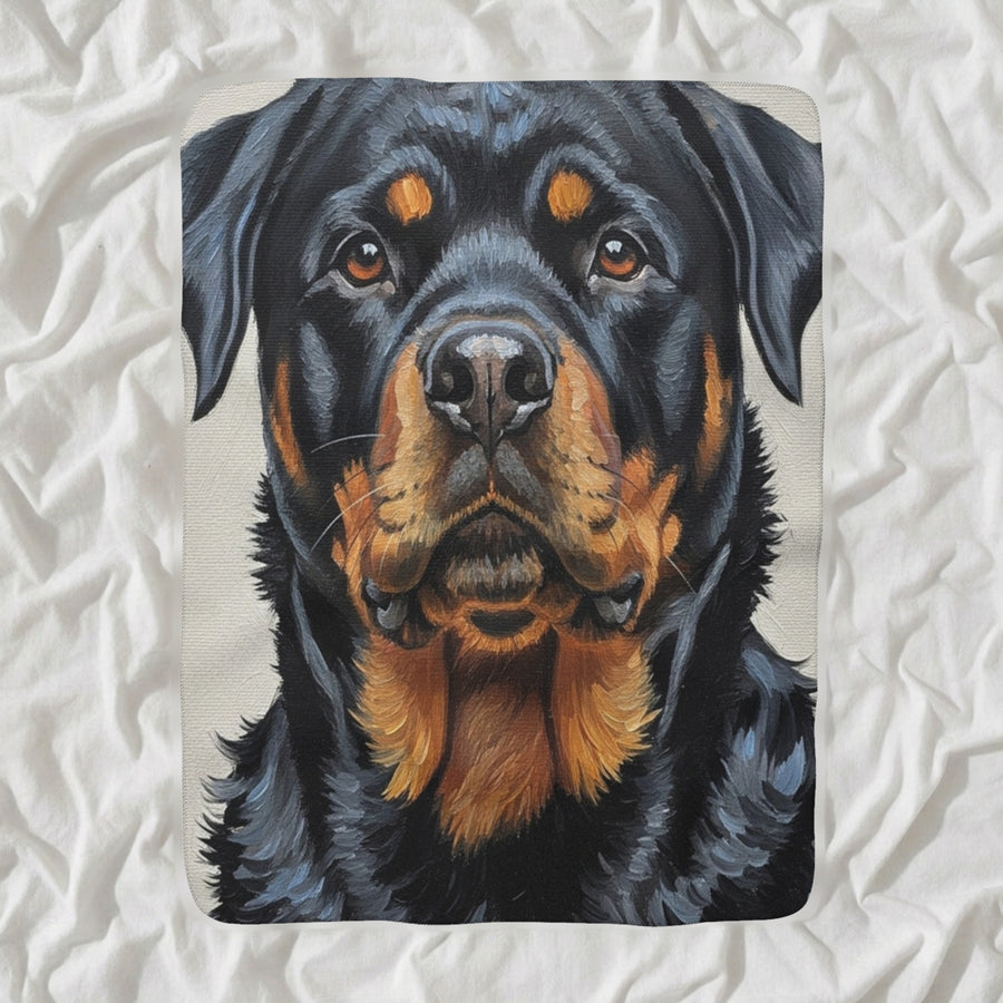Rottweiler Oil Portrait Sherpa Fleece Blanket, Noble Classic Portrait, Rottweiler Lover Gift shown lying flat on softly rumpled white bedding