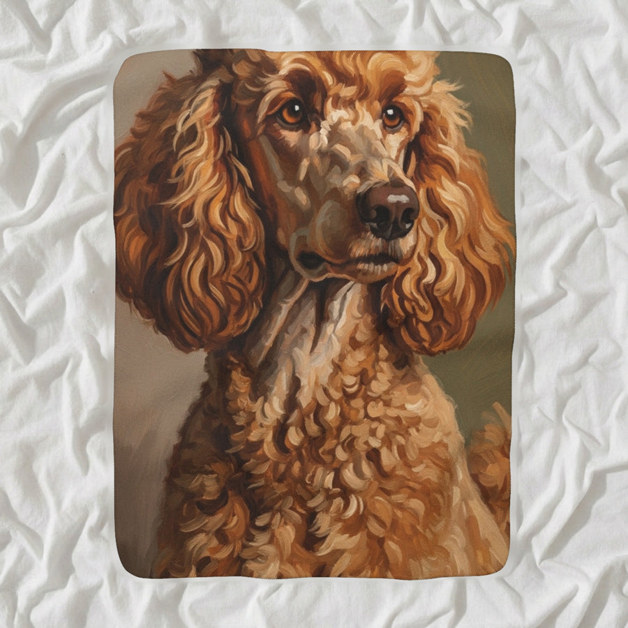 Poodle Art - Regal Dog Portrait Wall Decor Throw Blanket shown lying flat on softly rumpled white bedding