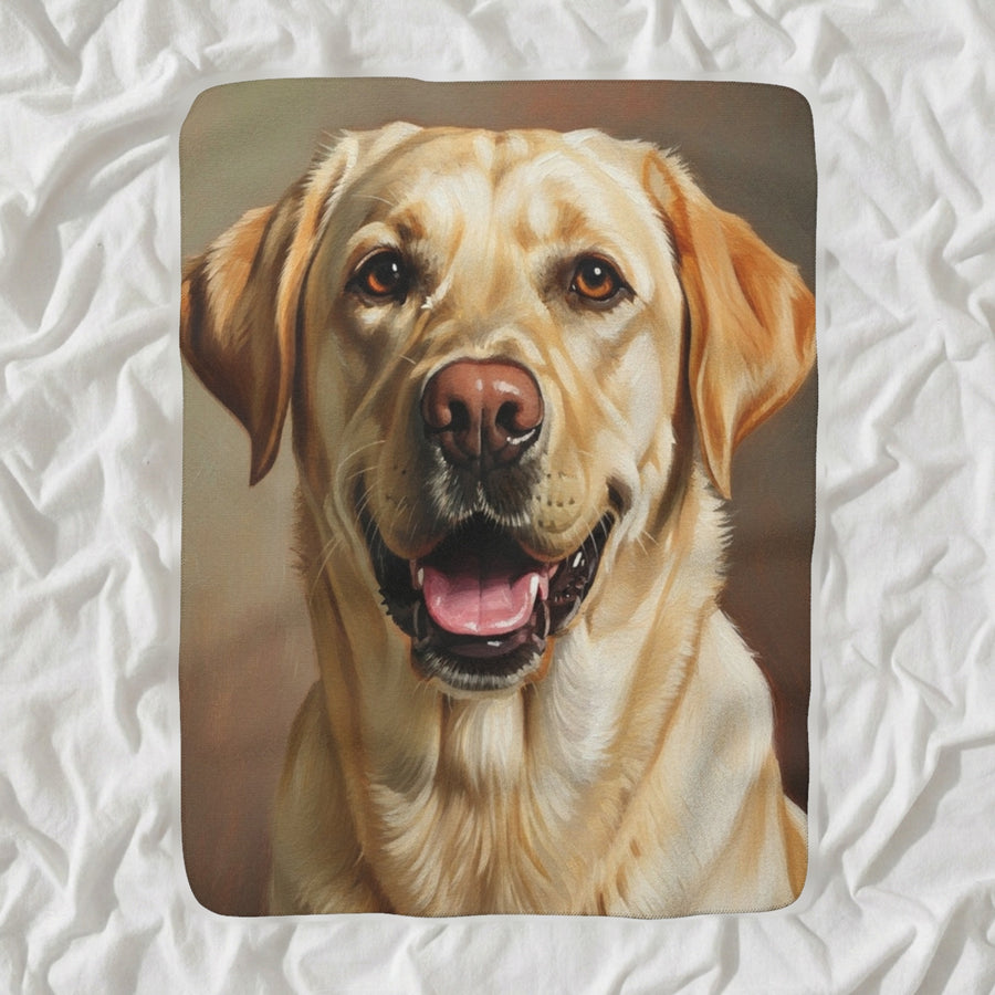 Labrador Retriever Art Throw Blanket shown lying flat on softly rumpled white bedding