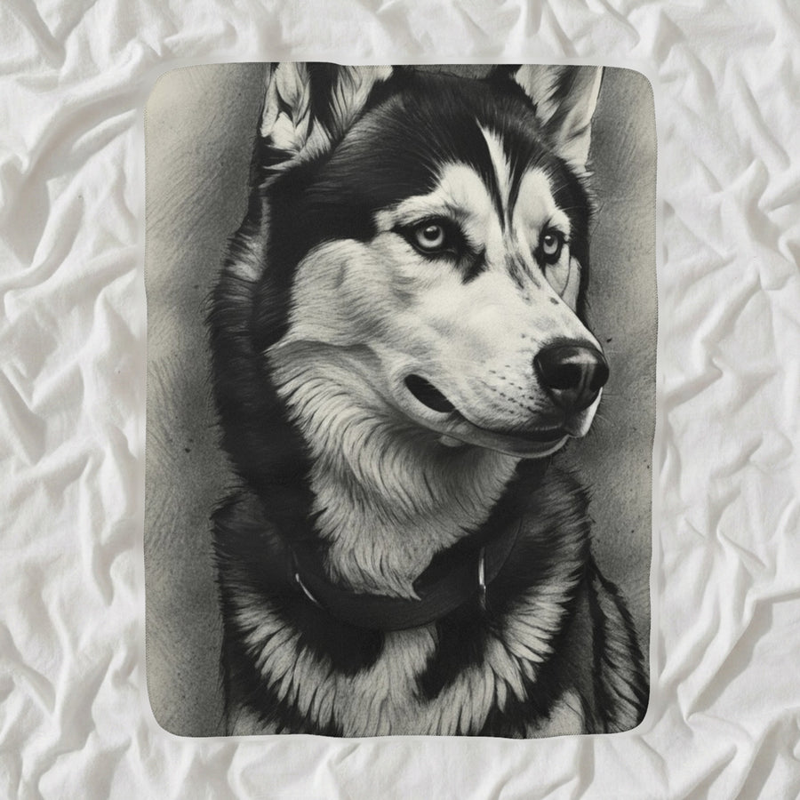 Siberian Husky Throw Blanket shown lying flat on softly rumpled white bedding
