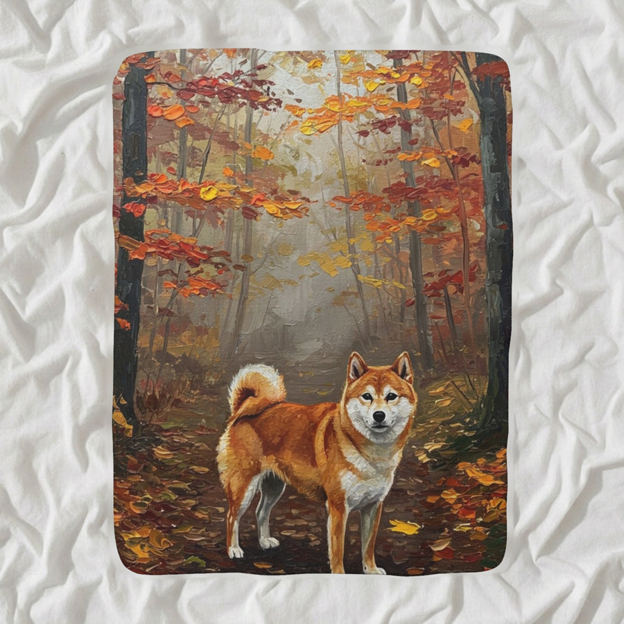 Shiba Inu Acrylic Sherpa Fleece Blanket, Colorful Dog Art, Shiba Inu Lover Gift shown lying flat on softly rumpled white bedding