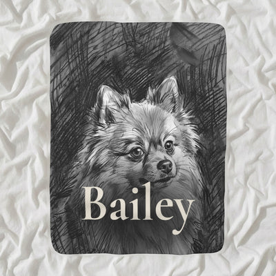 Personalized Pomeranian Blanket with Your Dog's Name, Charcoal-Style Dog Portrait Sherpa Fleece Throw, Dog Lover Gift