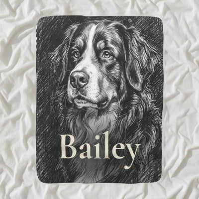 Personalized Bernese Mountain Dog Blanket with Your Dog's Name, Charcoal-Style Dog Portrait Sherpa Fleece Throw, Dog Lover Gift