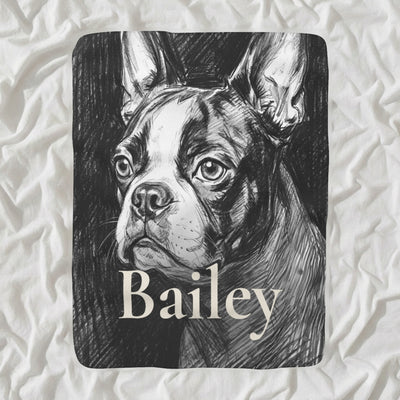 Personalized Boston Terrier Blanket with Your Dog's Name, Charcoal-Style Dog Portrait Sherpa Fleece Throw, Dog Lover Gift
